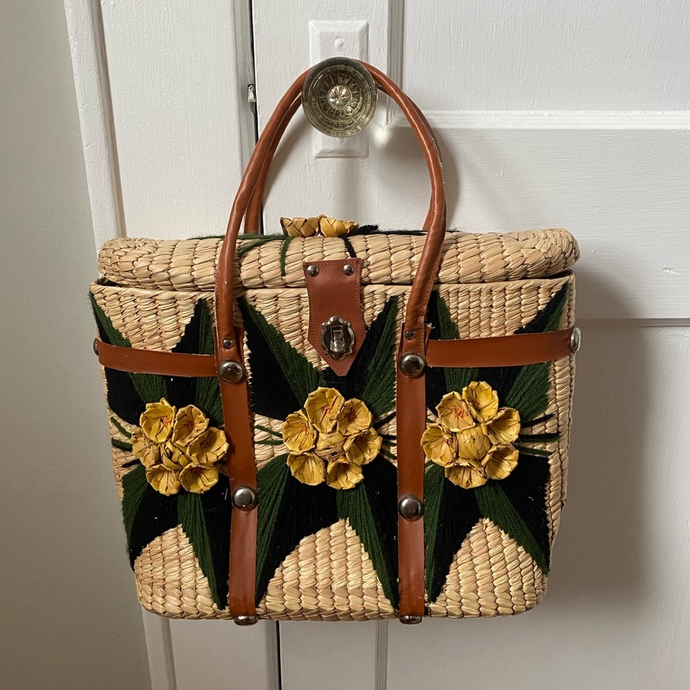Large straw bag with decorative detail